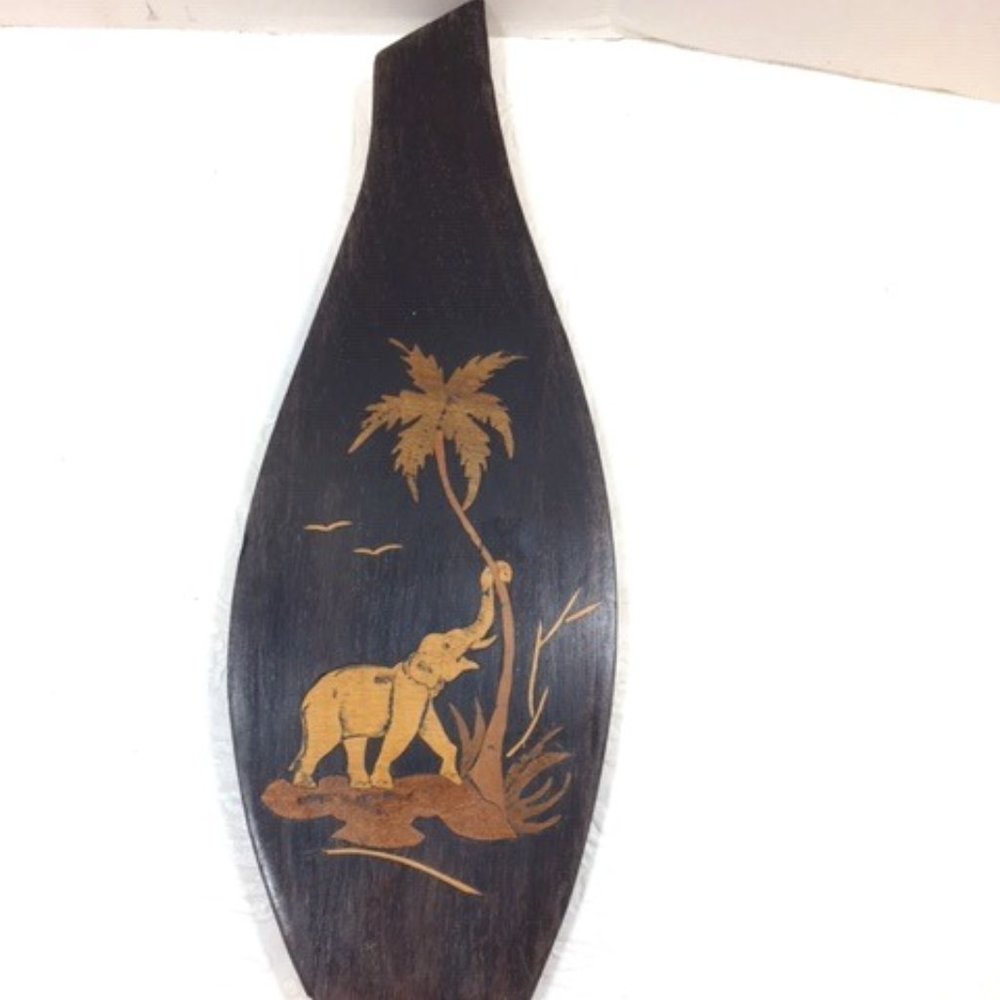Vintage Hardwood Inlaid Wall Hanging of an Elephant From India 12x4"